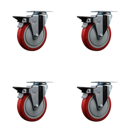 Service Caster 5'' Red Poly Wheel Swivel Top Plate Caster Set with Posi Brake, 4PK SCC-20S514-PPUB-RED-PLB-4